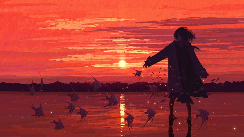 Girl feeding fish at sunset