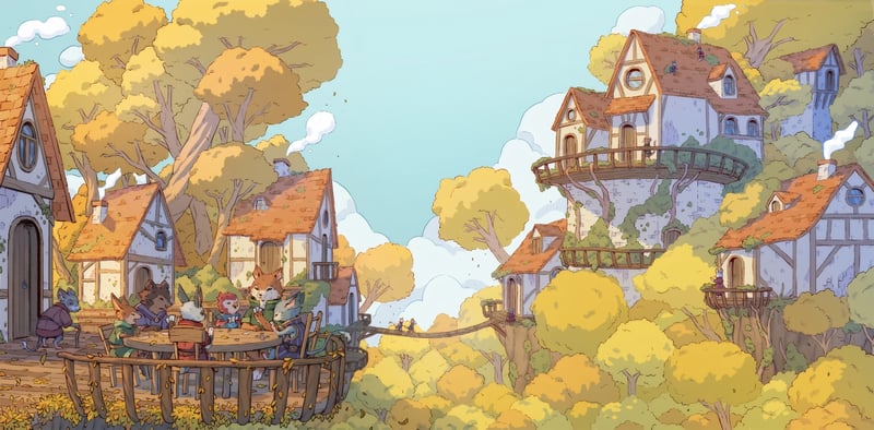 Anthropomorphic animals gather at a table in a fall village