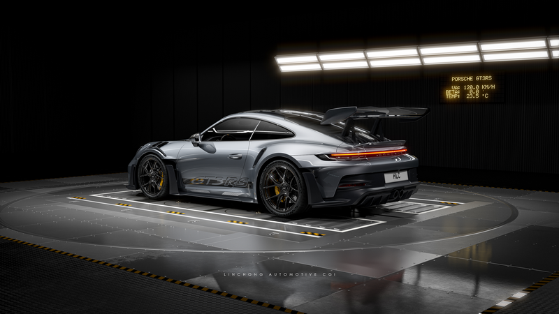 Porsche 911 GT3 R rear view in studio