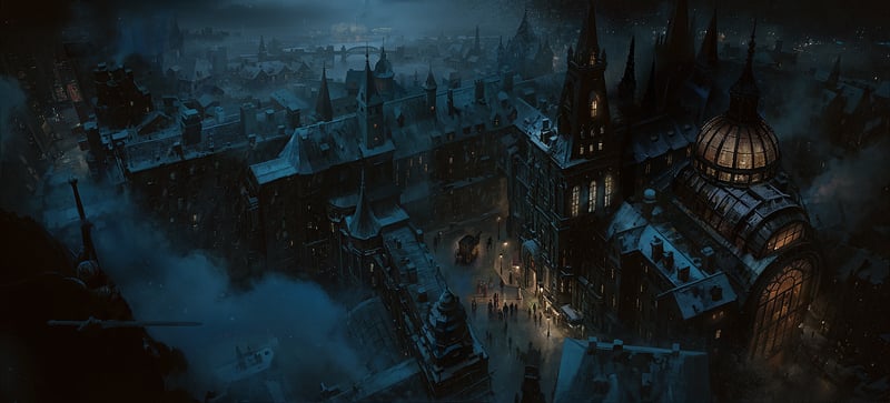 Dark fantasy city rooftops at night in winter