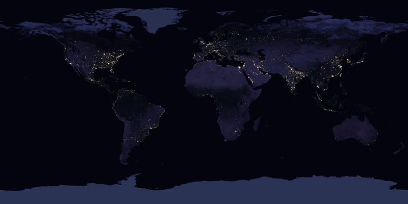 World map at night showing city lights
