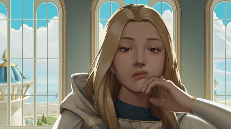 Lux from League of Legends with hand on chin