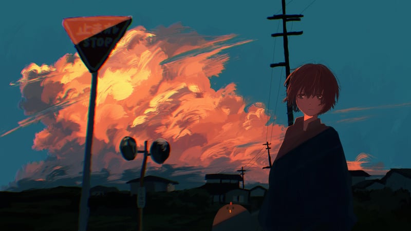 Anime boy at sunset with dramatic clouds