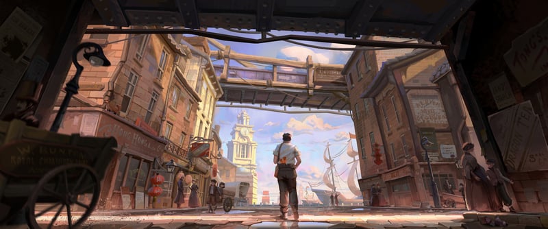 Man looking at a ship in a Victorian city