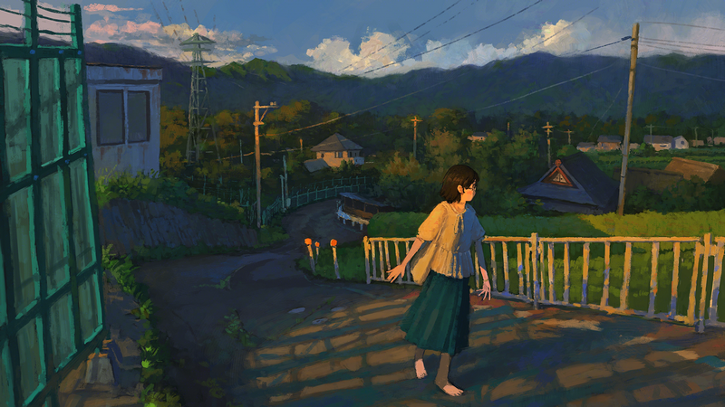 Anime girl walking barefoot in a Japanese town at sunset