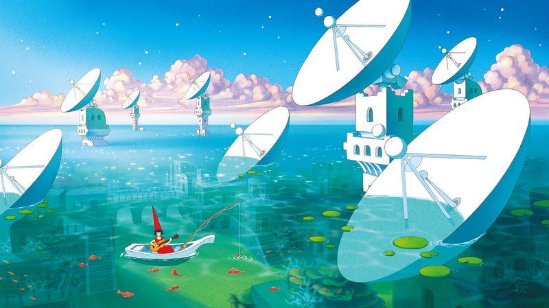 Boat with fisherman and antennas in a fantasy landscape
