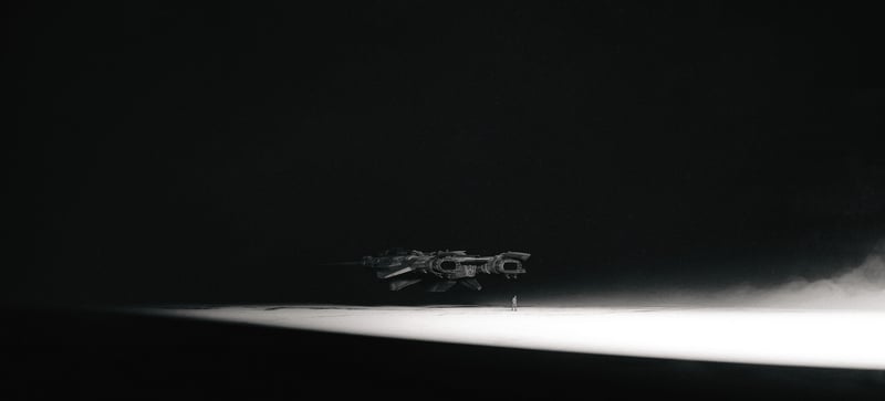Noir spaceship and a lone figure in a spotlight