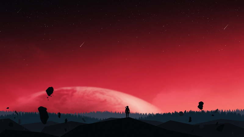 No Mans Sky: Silhouette on alien planet with red sky