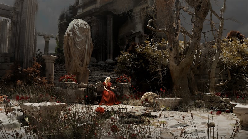 Woman in red dress sitting near a statue in ruins