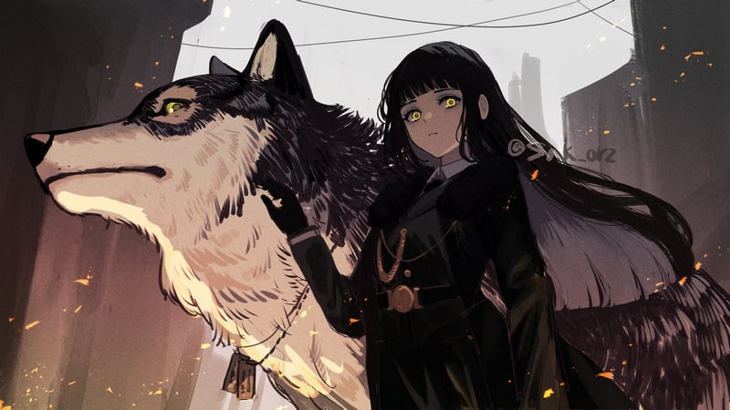 Anime girl with wolf in uniform