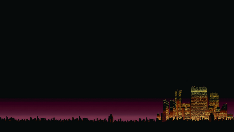 Video games pixel art city skyline at night