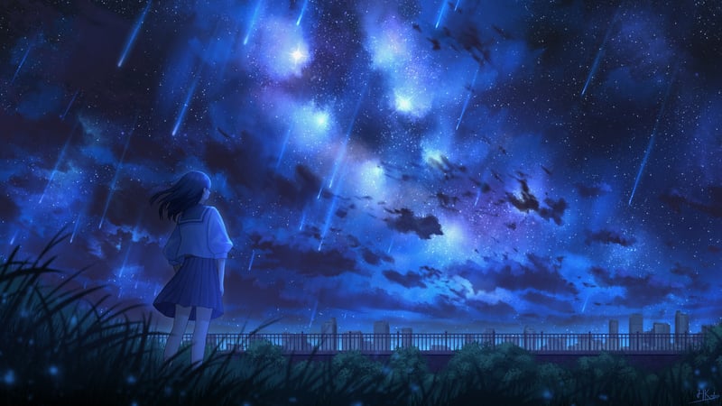Girl watches meteor shower over city