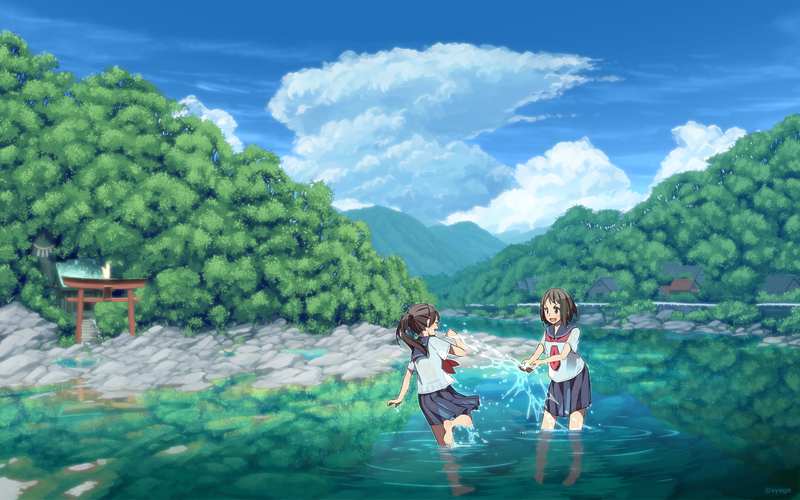 Anime girls playing in a river with mountains in the background