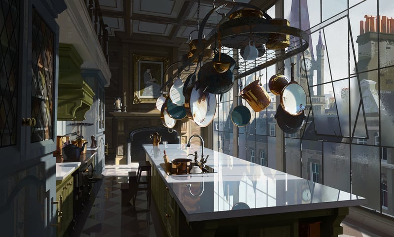 Digital painting of a grand kitchen interior with large windows