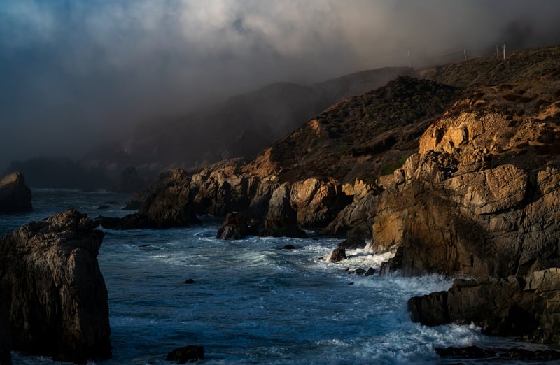 Big Sur Coastline with Fog and Waves at Sunset