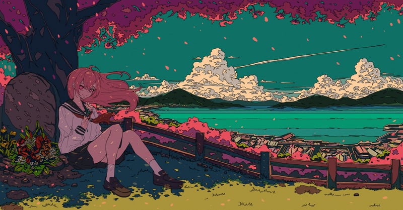 Anime girl sitting under a cherry blossom tree