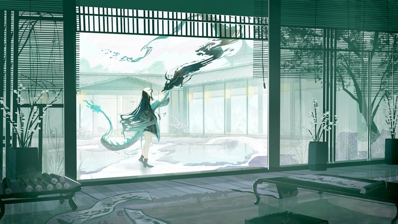 Dusk (Arknights) and a dragon in a Japanese garden