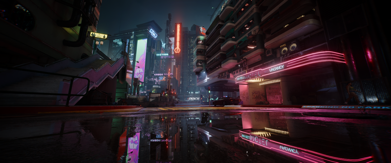 Cyberpunk 2077 city street with neon lights and reflections