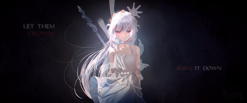 White-haired anime girl with red eyes in a dress