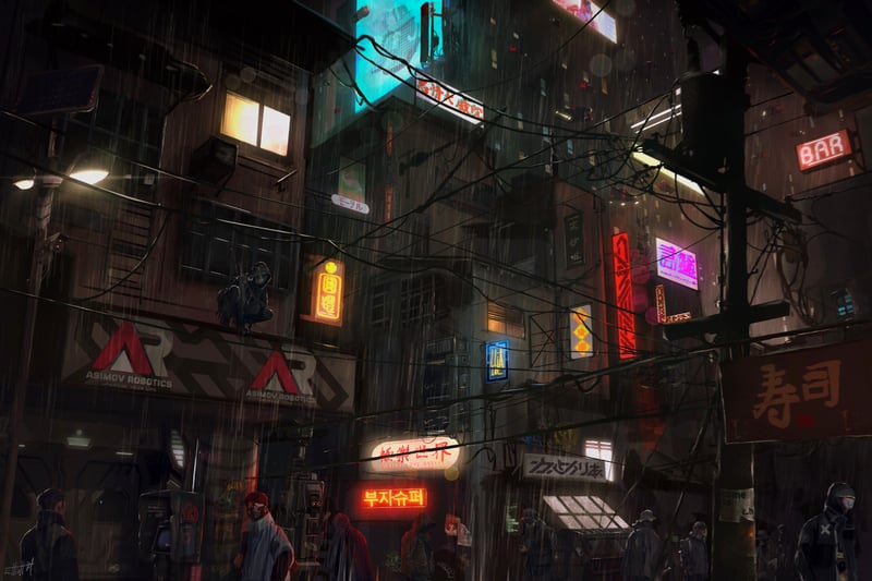 Rainy Night in a Futuristic City with Neon Signs
