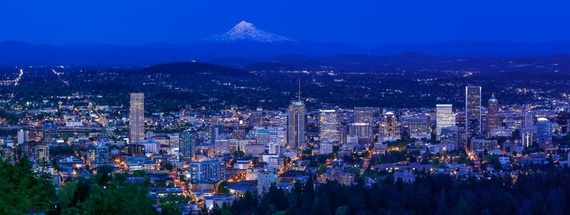 Portland skyline with Mount Hood at dusk