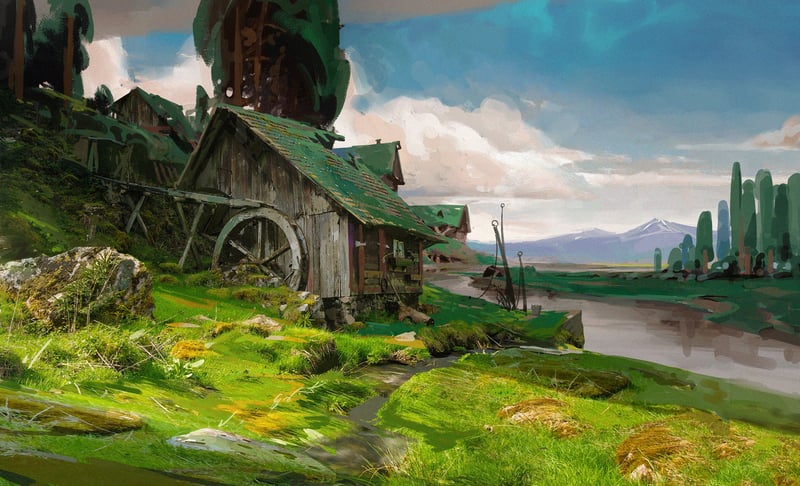 Scenery of a watermill by a river with mountains