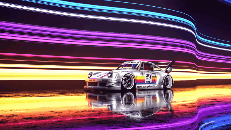 Porsche car with rainbow livery and wing