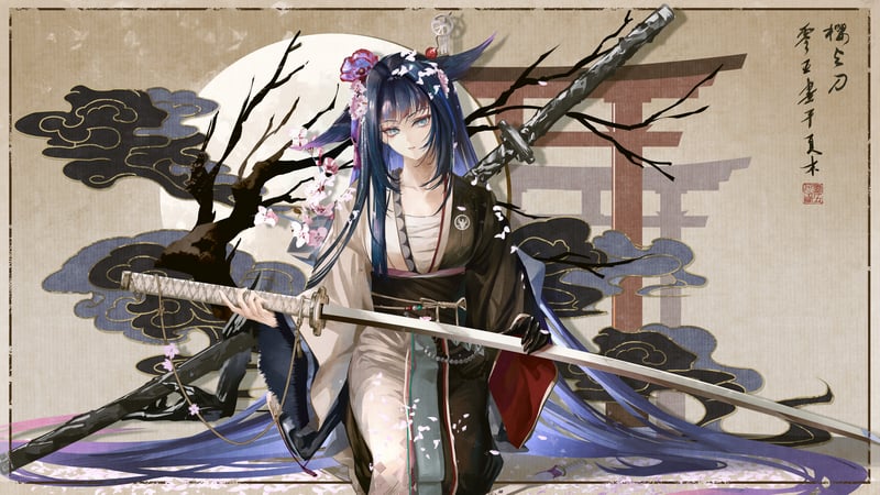 Mio (Arknights) with Katanas and Cherry Blossoms