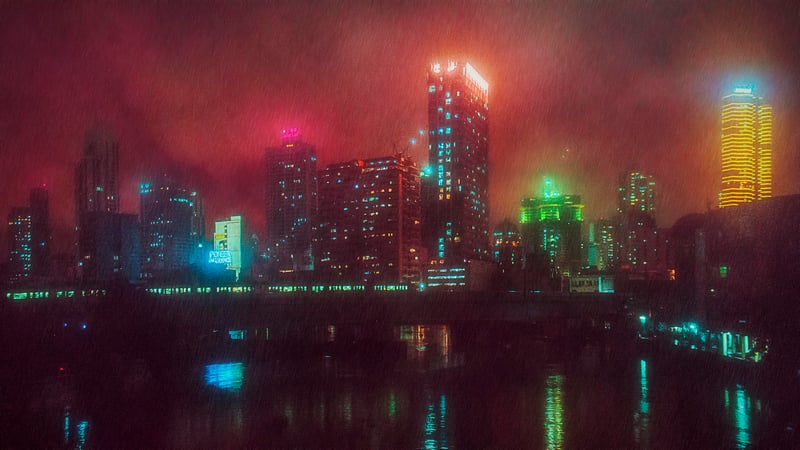 Stormy night cityscape with colorful skyscrapers and reflections
