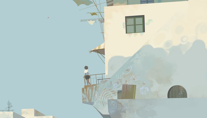 Girl on a balcony overlooking a coastal town