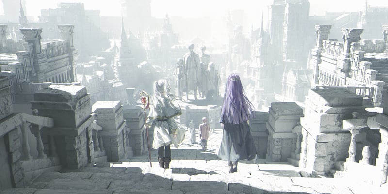Frieren and Fern walk up steps in a city