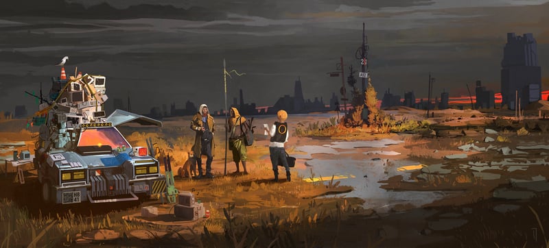 Car and people in a desolate landscape
