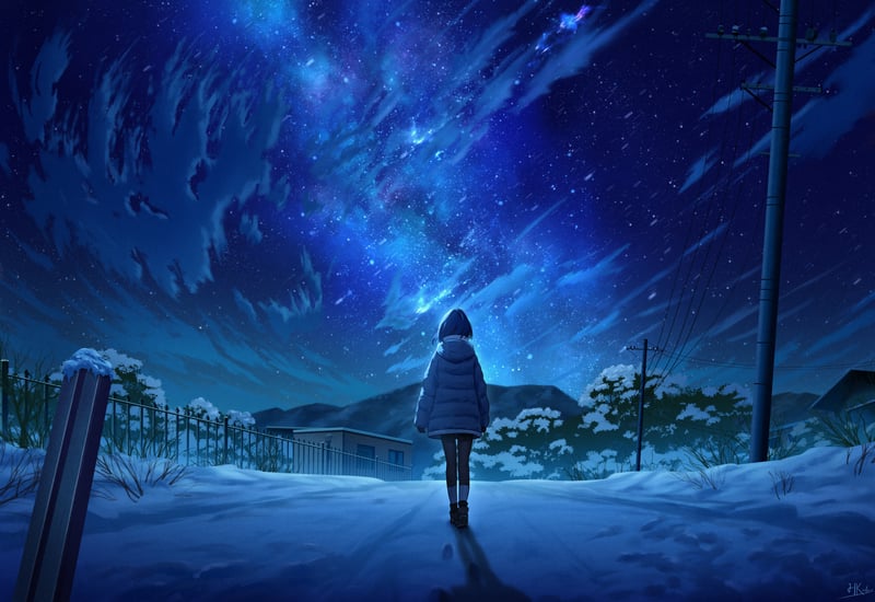 Anime girl in blue coat walks under starry sky