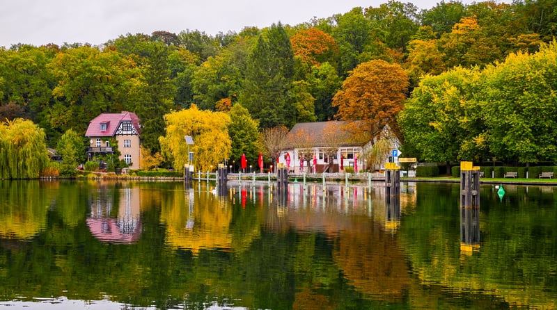 Autumn trees reflected in a calm lake with houses