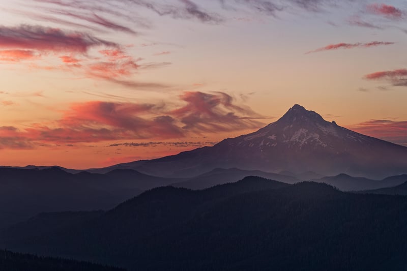 Sunset over layered mountains in Oregon, USA