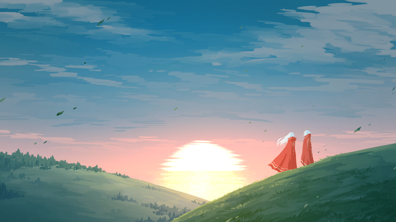 Two figures in red robes walk towards the sunset on a grassy hill