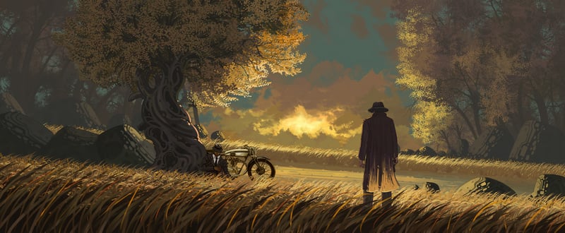 Man in trench coat stands in a field at sunset