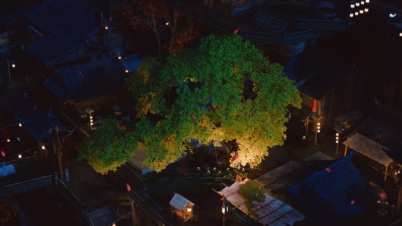 Where Winds Meet: Nighttime village with illuminated tree