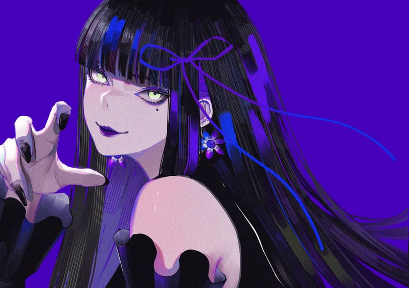 Anime girl with long black hair and purple accents