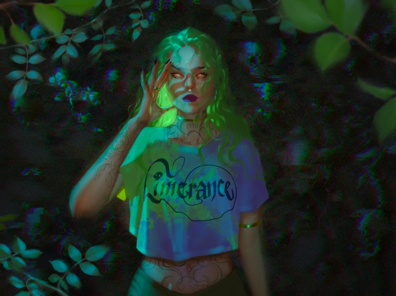Woman with green hair and tattoos in a forest