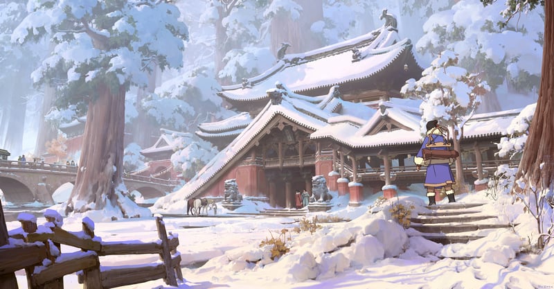Snowy traditional Asian temple with a person in blue
