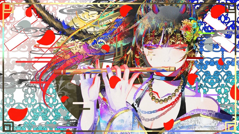 Anime girl playing flute with abstract colorful background