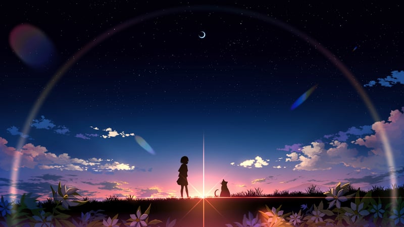 Anime girl and cat under starry sky with rainbow