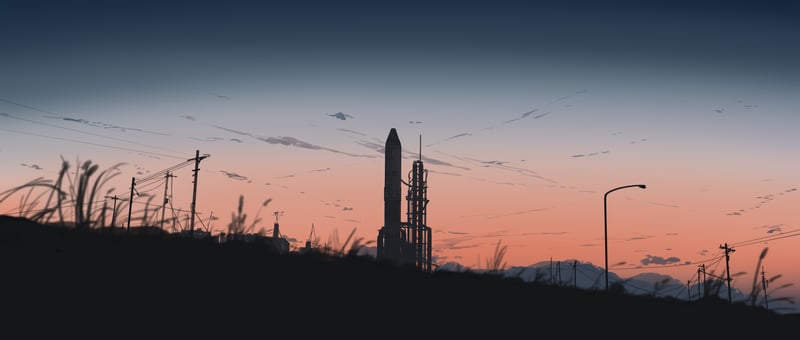 Space rocket on launchpad at sunset