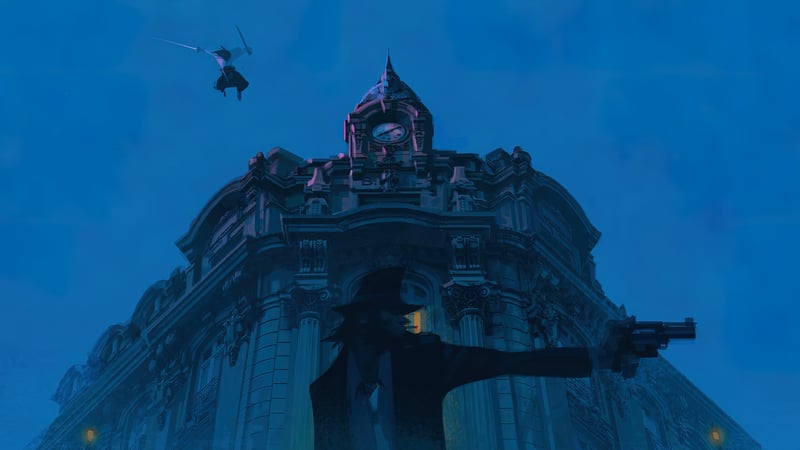 Lupin III and a samurai duel near a clock tower