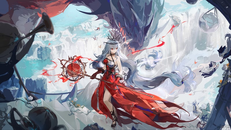 Skadi (Arknights) in a red dress with a staff