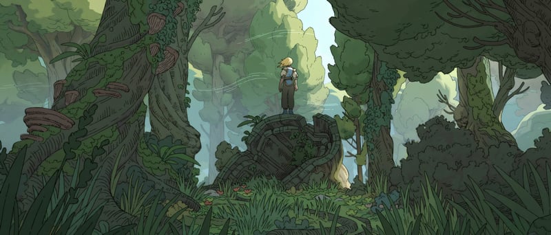 Video game art of a person standing on ruins in a forest