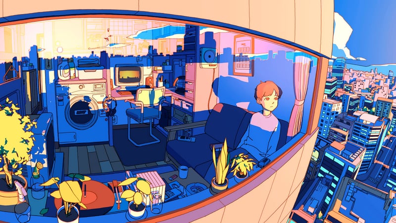 Anime boy in apartment overlooking city