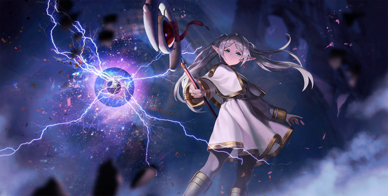 Frieren casting a lightning spell with a staff