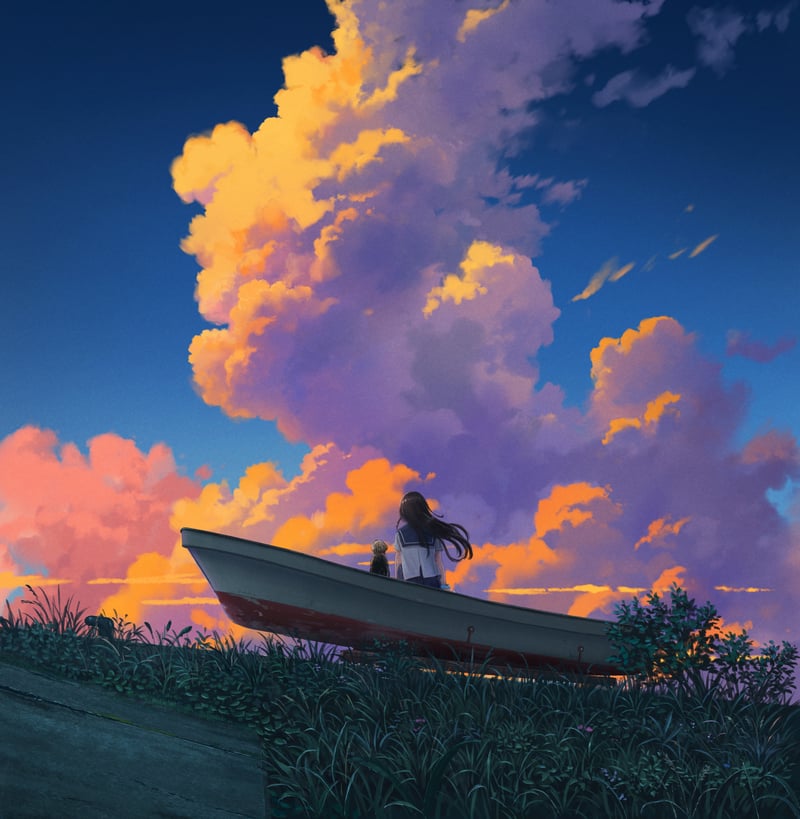 Anime girl and cat in a boat at sunset